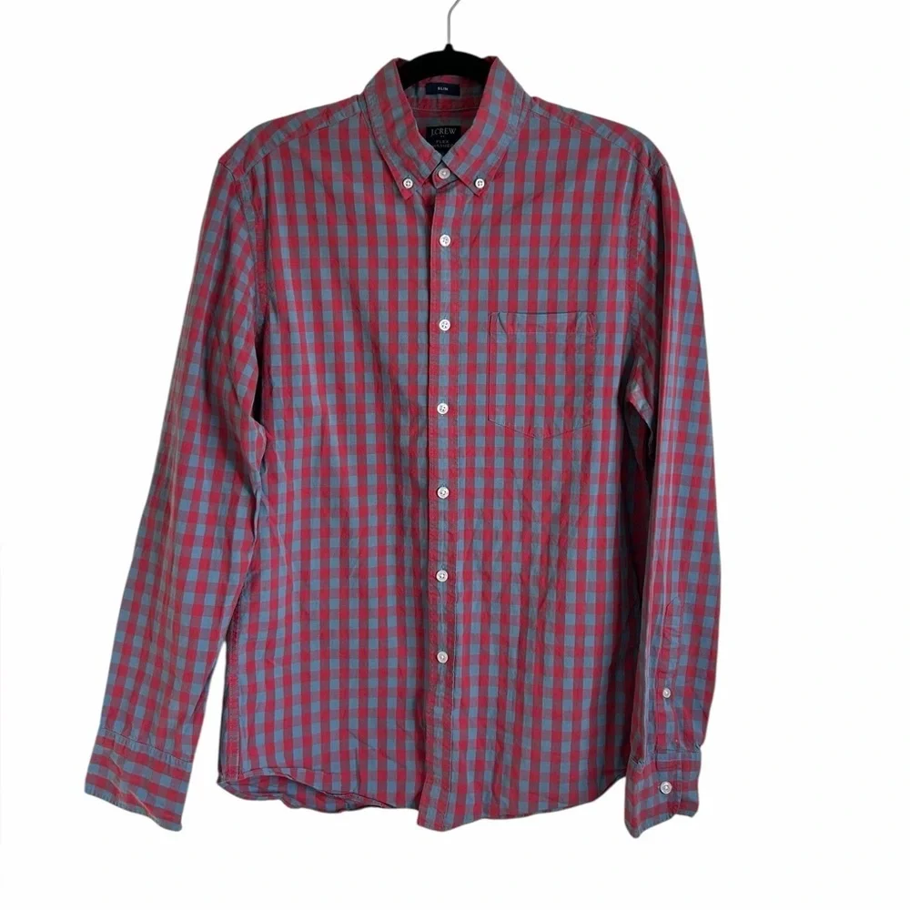 J. Crew Red and Blue Flex Wash Slim Fit Button Up Dress Shirt Mens Sz Medium